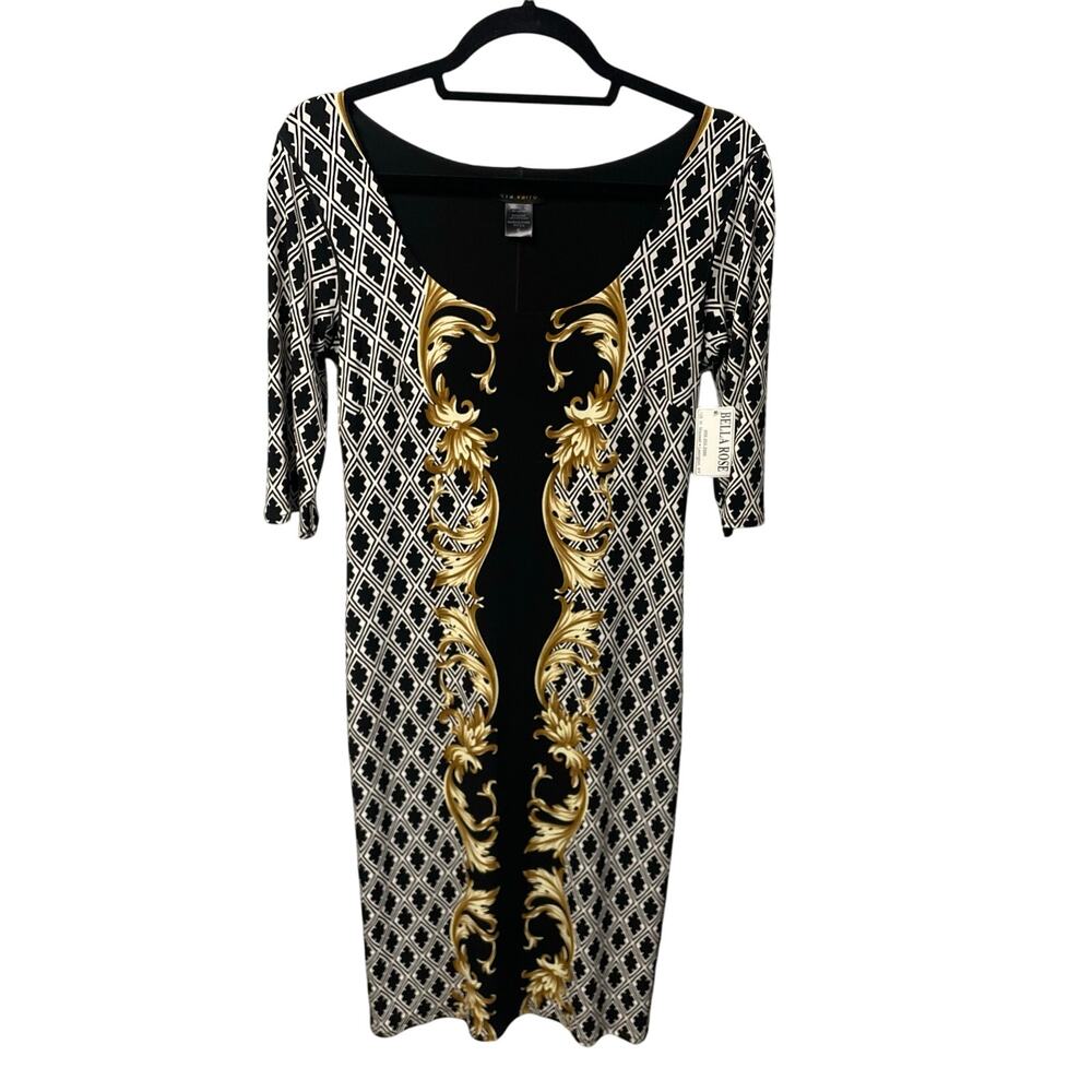 NWT Eva Varro Scoop Neck Spandex Blend Dress Black White Gold Baroque Small